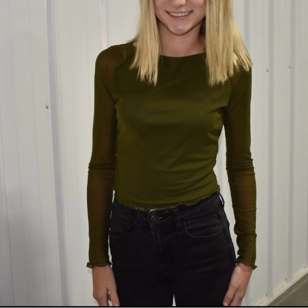Olive Green Long Sleeve Sheer-Sleeve Tee